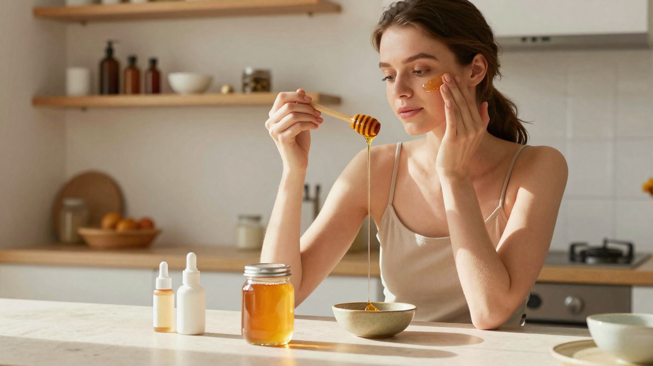 Mulher aplica mel no rosto sentada numa cozinha luminosa com frascos de produtos naturais sobre a mesa.