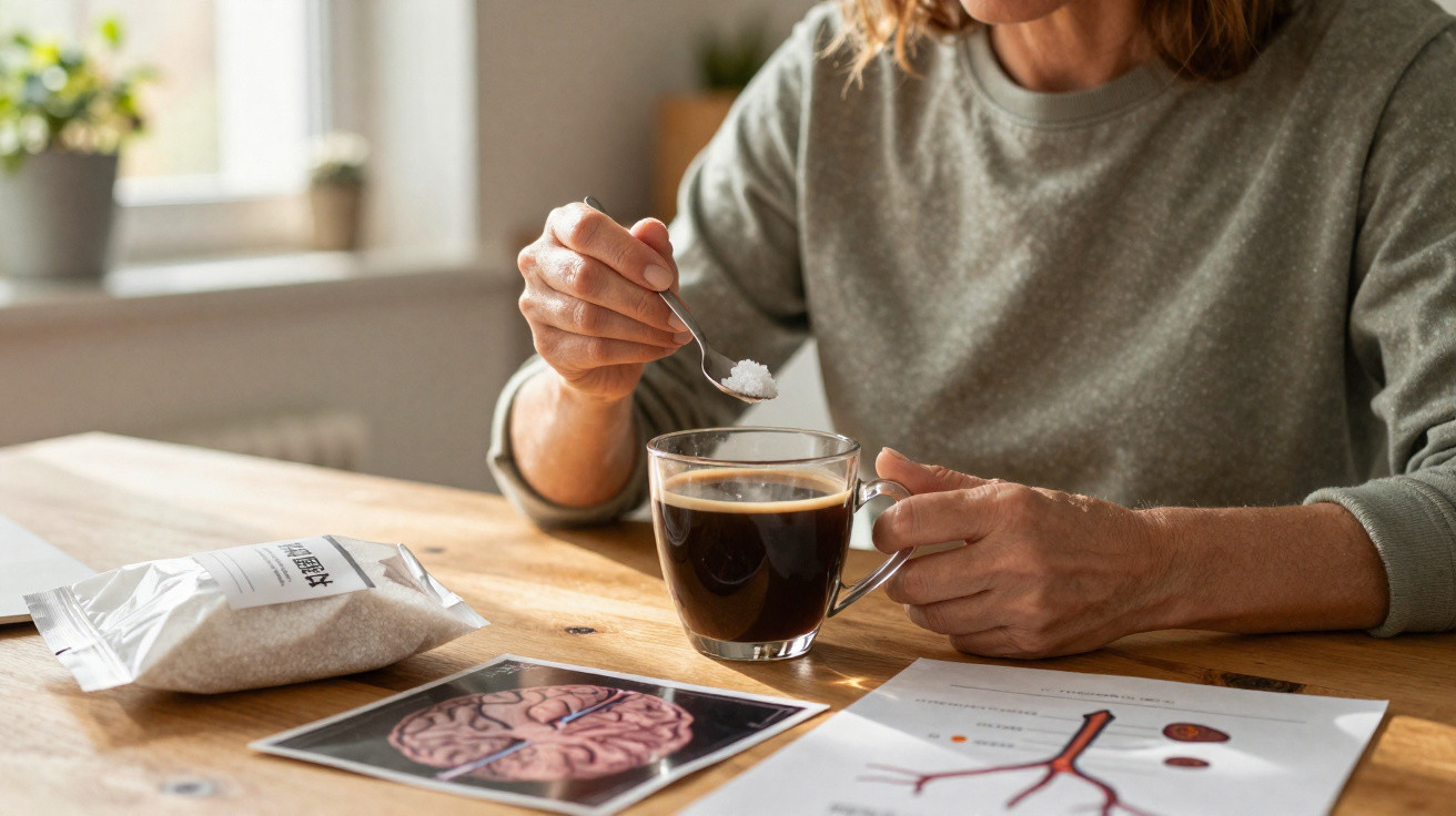 Pessoa a adoçar café com colher, numa mesa com imagens e gráficos sobre o cérebro e sistema circulatório.