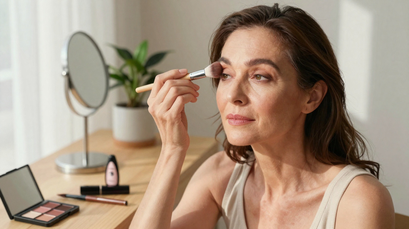 Mulher aplica maquilhagem com pincel, sentada numa secretária com espelho e produtos de beleza.