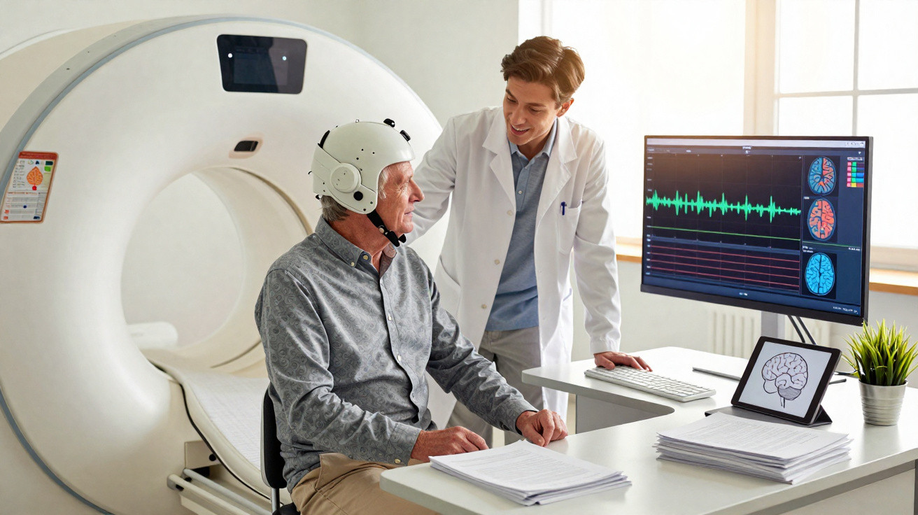 Paciente sénior com capacete neurológico consulta médico junto a máquina de ressonância e monitor com resultados cerebrais.