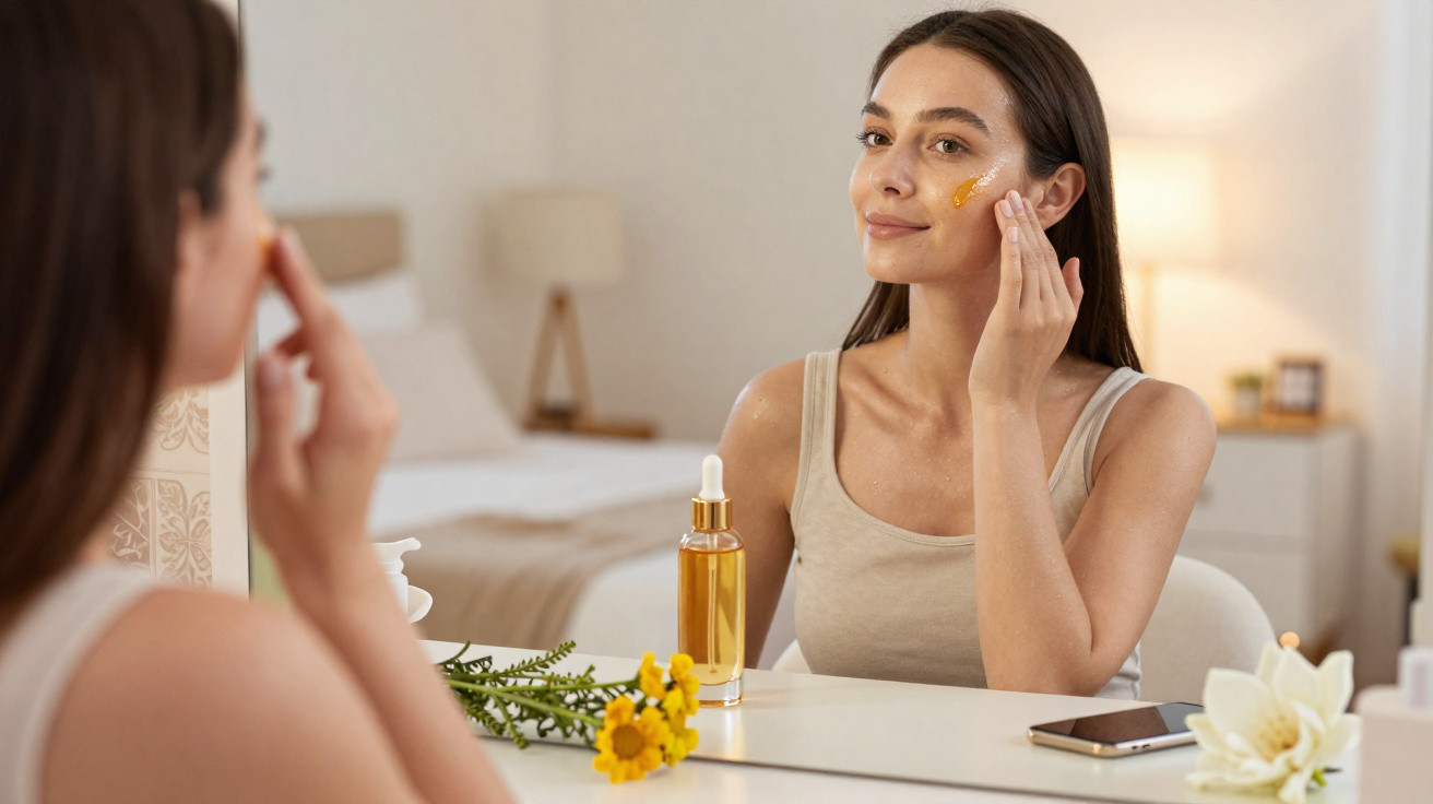 Mulher aplica sérum facial dourado na bochecha sentada em frente a um espelho no quarto.
