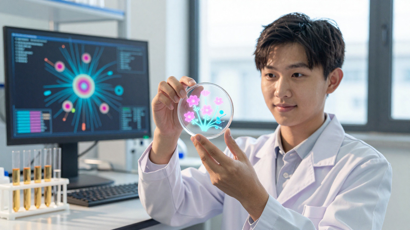 Cientista em laboratório a observar uma placa de petri com imagens digitais de flores cor-de-rosa.