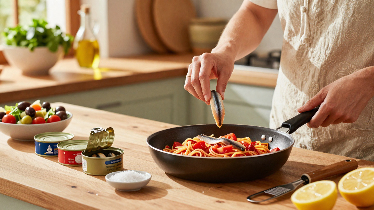 Pessoa a colocar peixe em lata sobre massa com tomate numa frigideira numa cozinha iluminada.