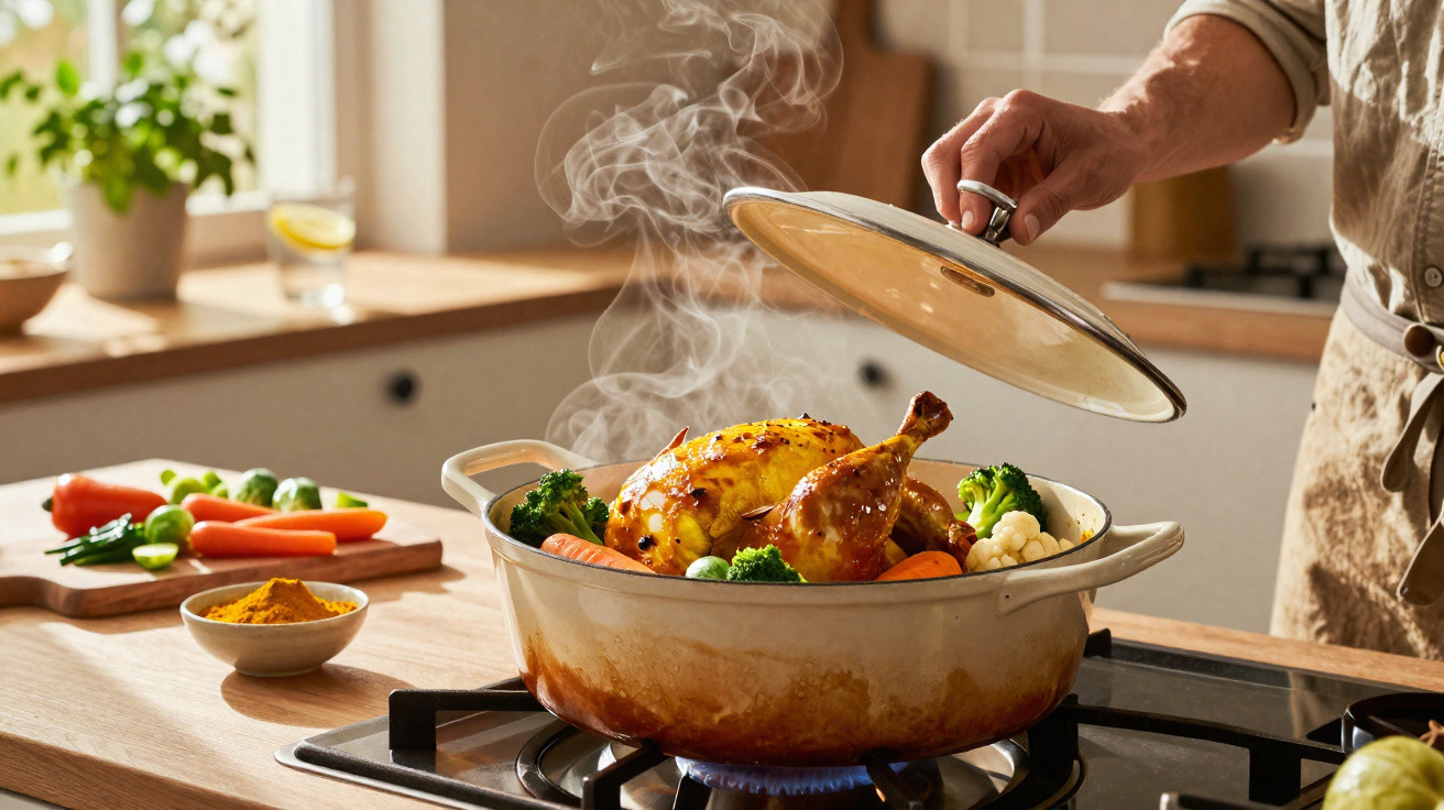 Frango assado com legumes a fumegar numa panela branca sobre o fogão numa cozinha iluminada.