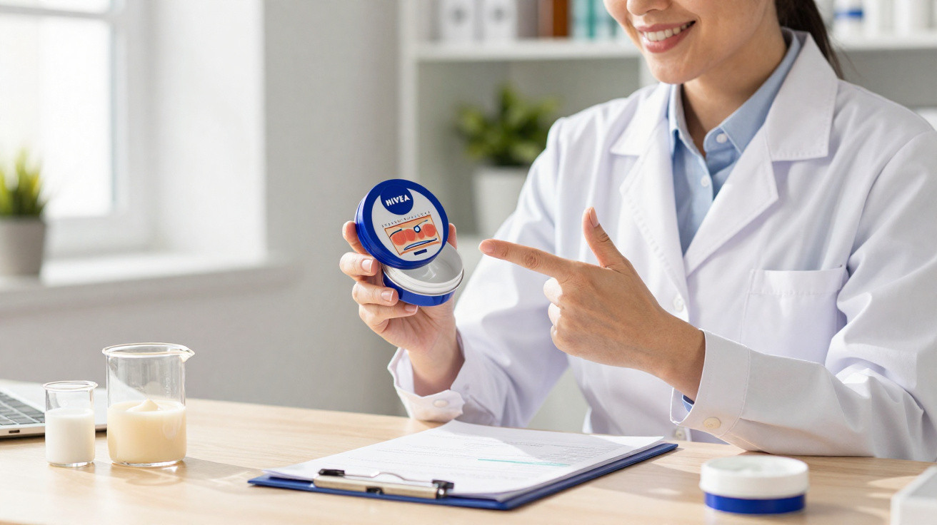 Profissional de saúde de bata branca sorrindo e apontando para pote azul da NIVEA numa mesa com documentos e frascos.