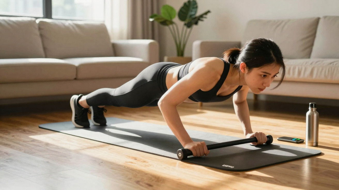Mulher a fazer flexões com barra numa sala de estar, com tapete de exercício, garrafa e telemóvel ao lado.