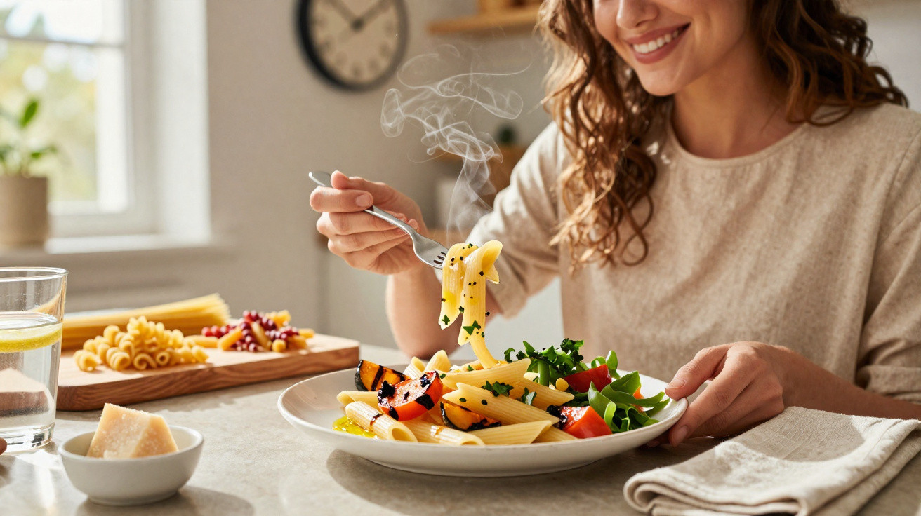 Mulher sorridente a comer massa quente com legumes numa cozinha iluminada pela luz natural.