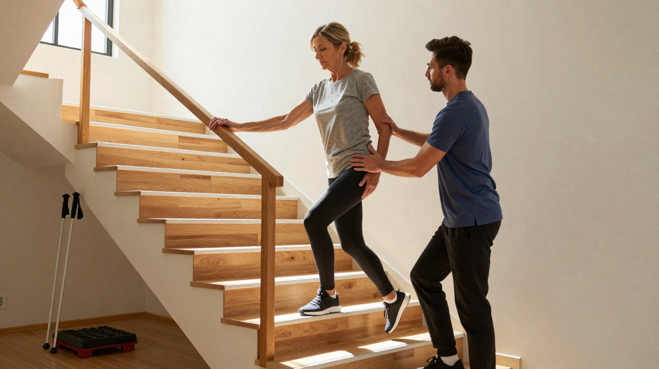 Mulher a subir escadas com apoio de homem para reabilitação física num ambiente interior iluminado.
