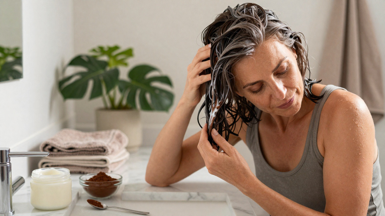 Mulher com cabelo molhado a aplicar máscara capilar num lavatório branco com plantas ao fundo.