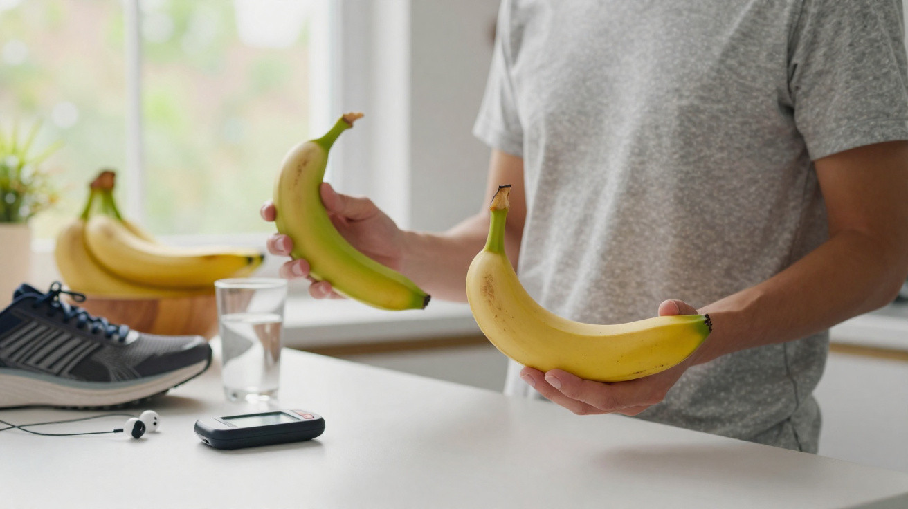 Pessoa segurando duas bananas na cozinha com tênis, aparelho de monitorização e copo de água em cima da bancada.