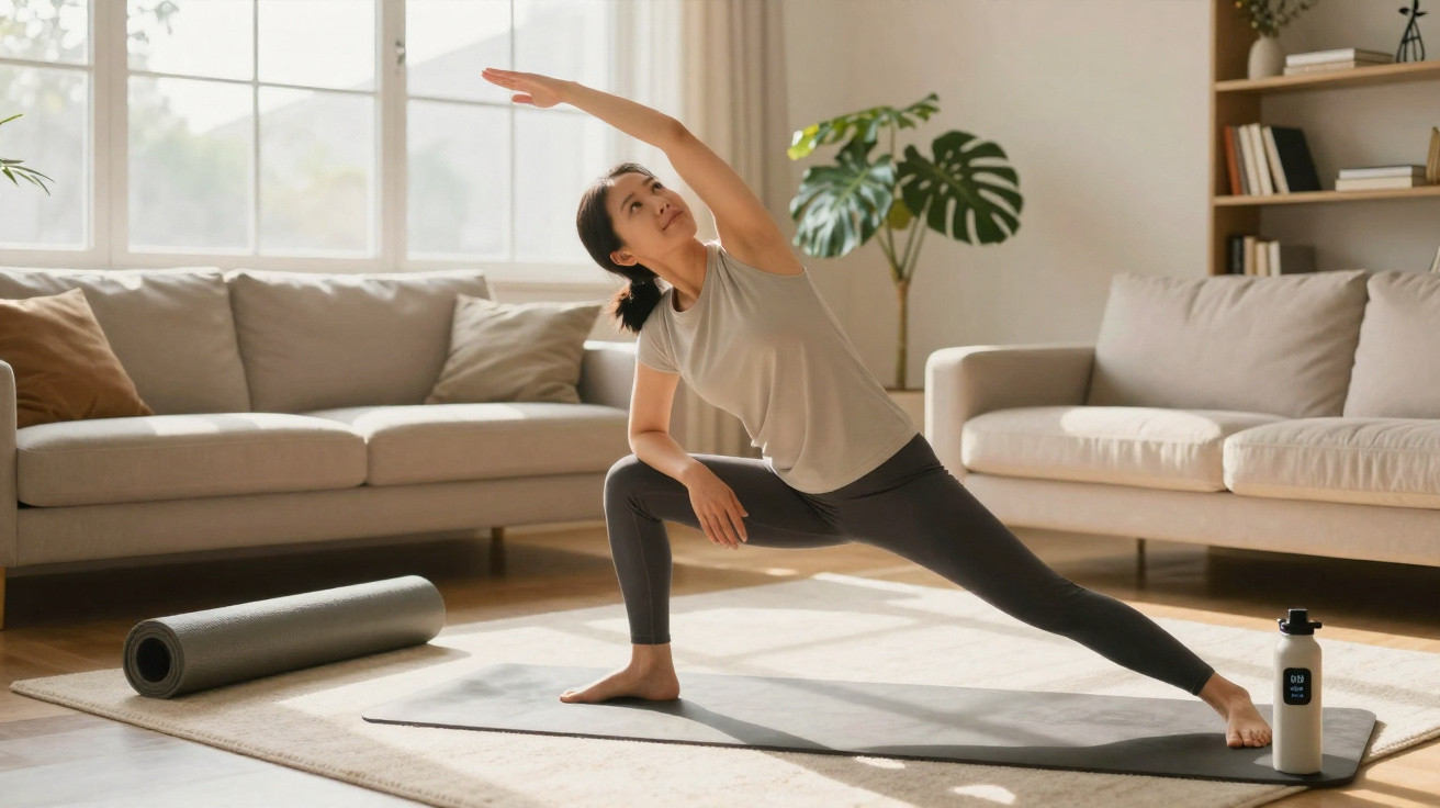 Mulher a praticar yoga numa sala iluminada, esticando o braço enquanto está em posição de alongamento.