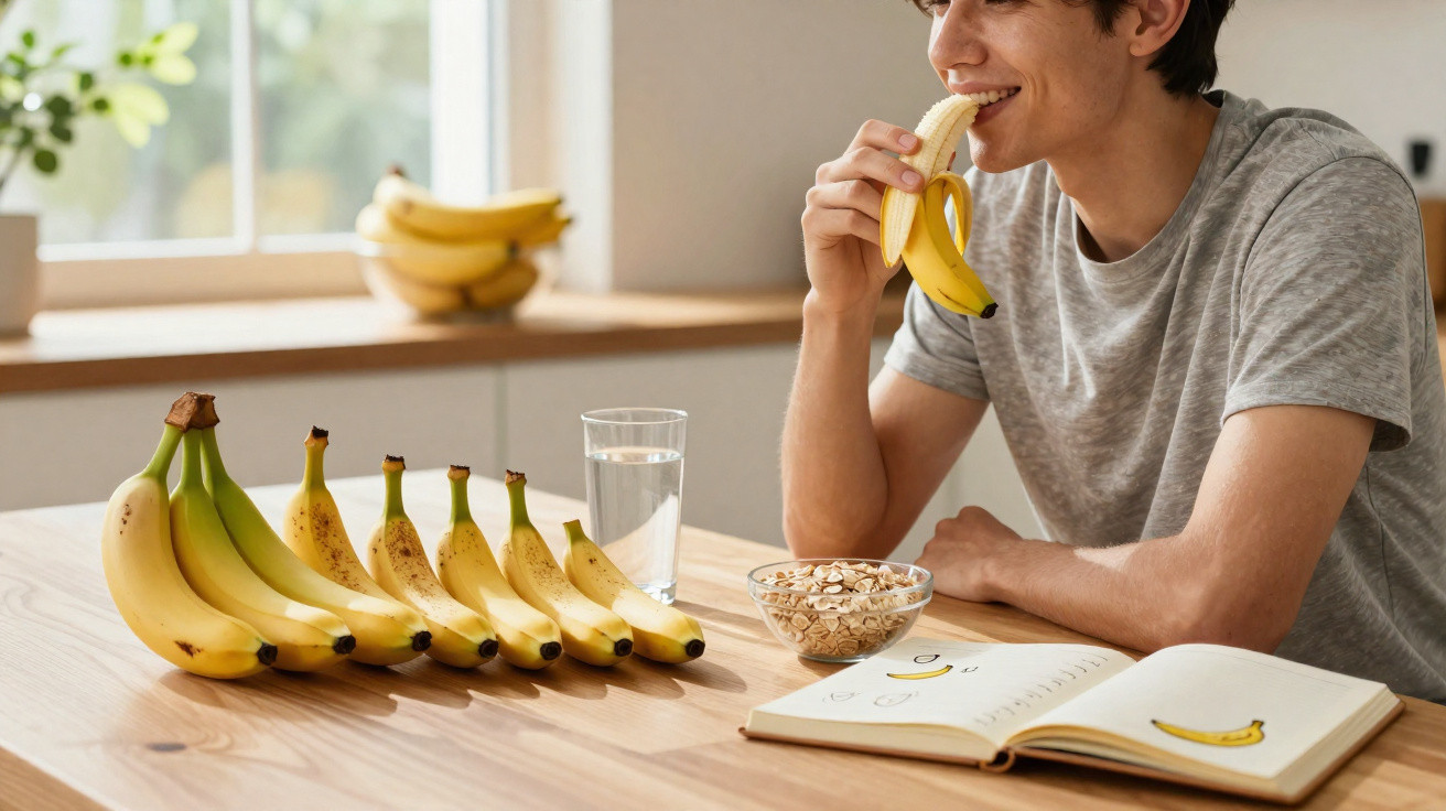 Pessoa a comer uma banana sentada à mesa com várias bananas, um copo de água, flocos e um caderno aberto.