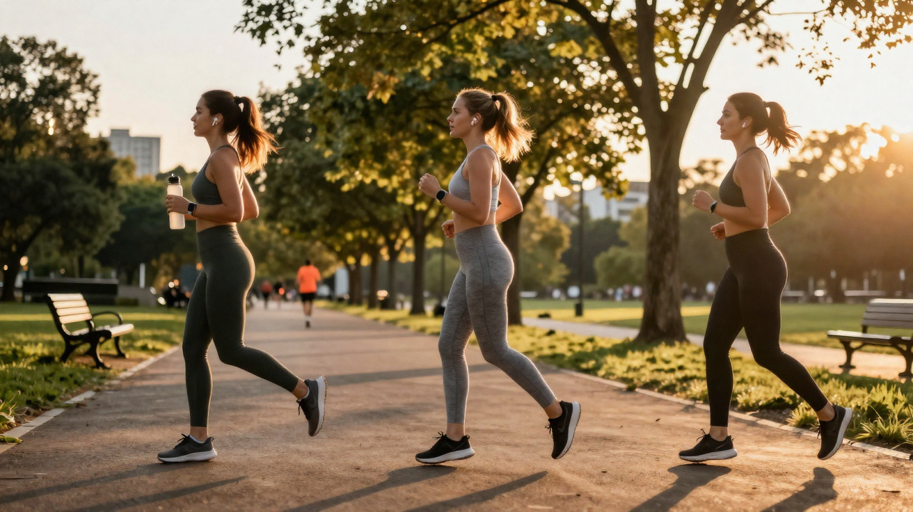 Três mulheres a correr num parque ao início da manhã, vestidas com roupa desportiva e ténis.