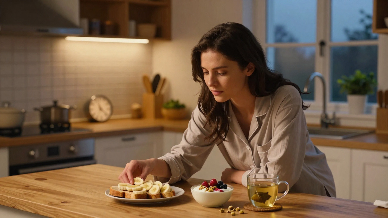 Mulher sentada na cozinha à mesa com chá, iogurte com frutos vermelhos e torradas com banana.