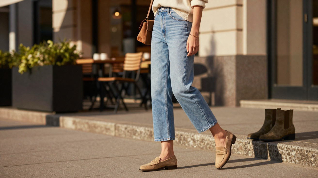 Pessoa de jeans e camisola clara com sapatos castanhos pastéis, ao ar livre junto a café com botins castanhos no chão.