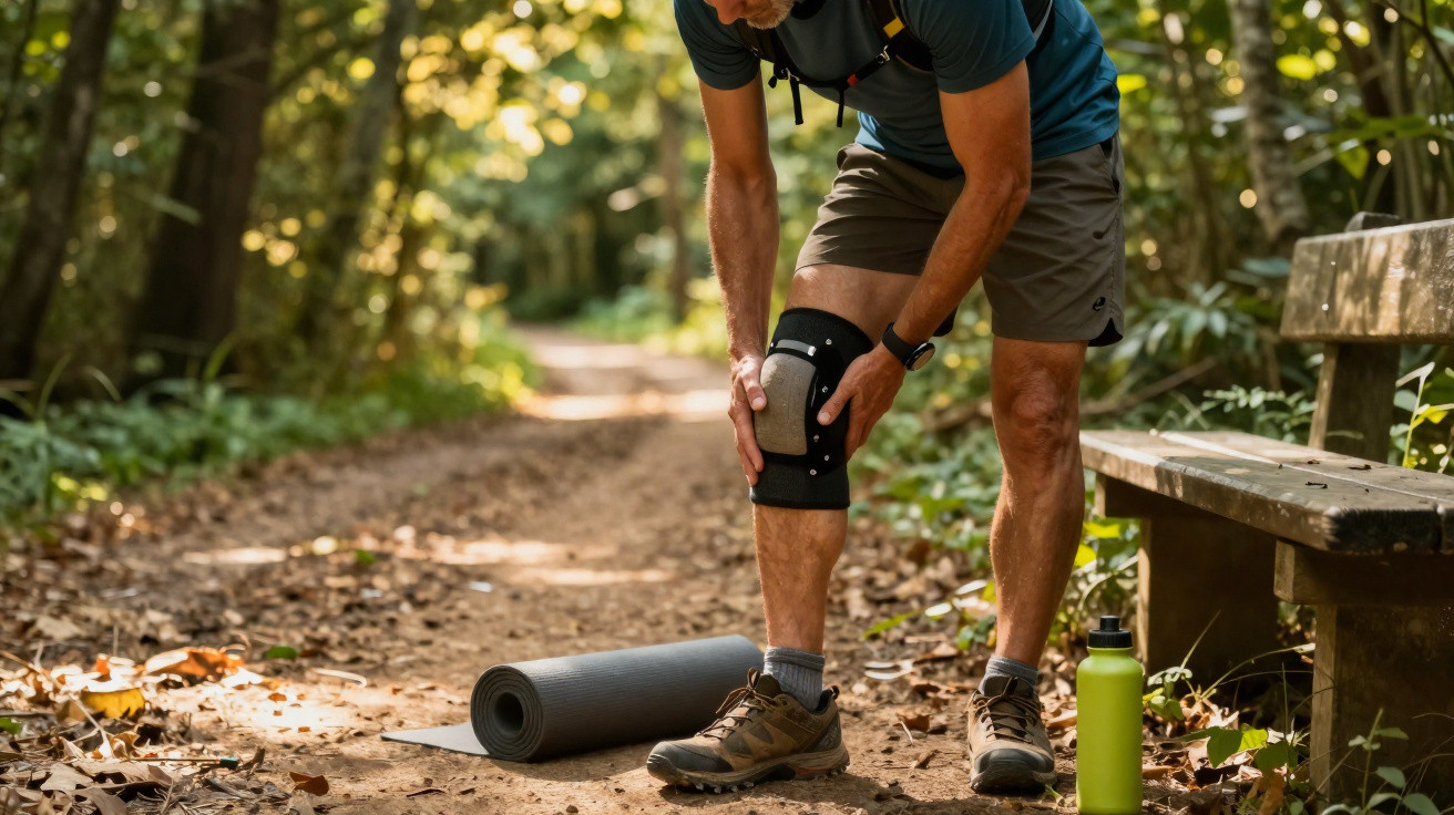 Homem com joelheira segura o joelho, parado numa trilha de floresta com tapete de yoga e garrafa perto.