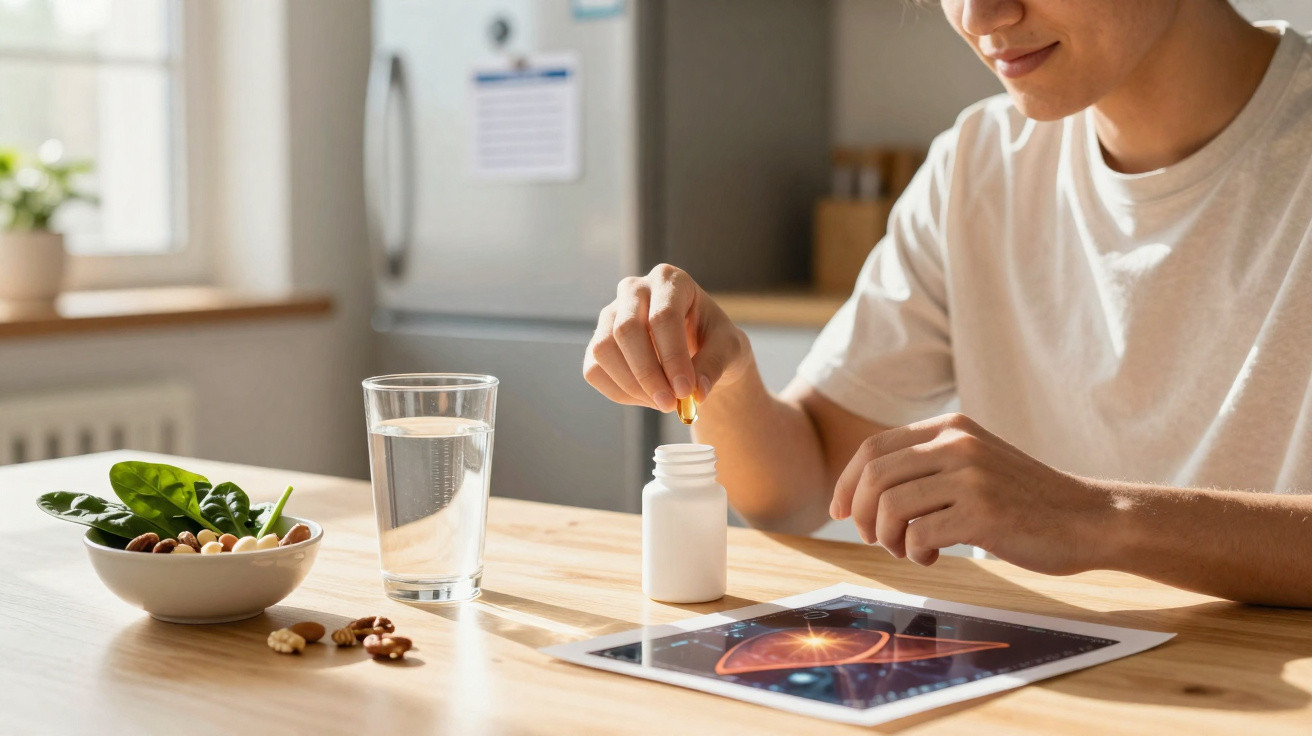 Pessoa segurando uma cápsula com frasco de suplementos, copo de água, tigela de nozes e tablet numa mesa.