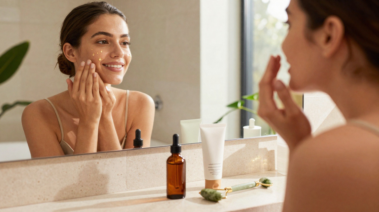 Mulher a aplicar sérum facial com conta-gotas num rosto perante um espelho de casa de banho.
