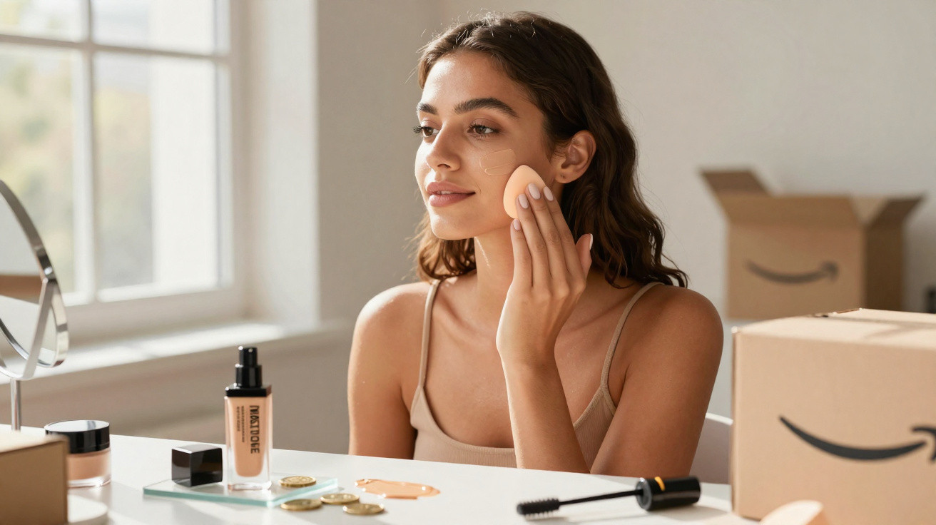 Mulher jovem aplica base com esponja de maquilhagem num ambiente luminoso, com caixas de encomenda ao fundo.