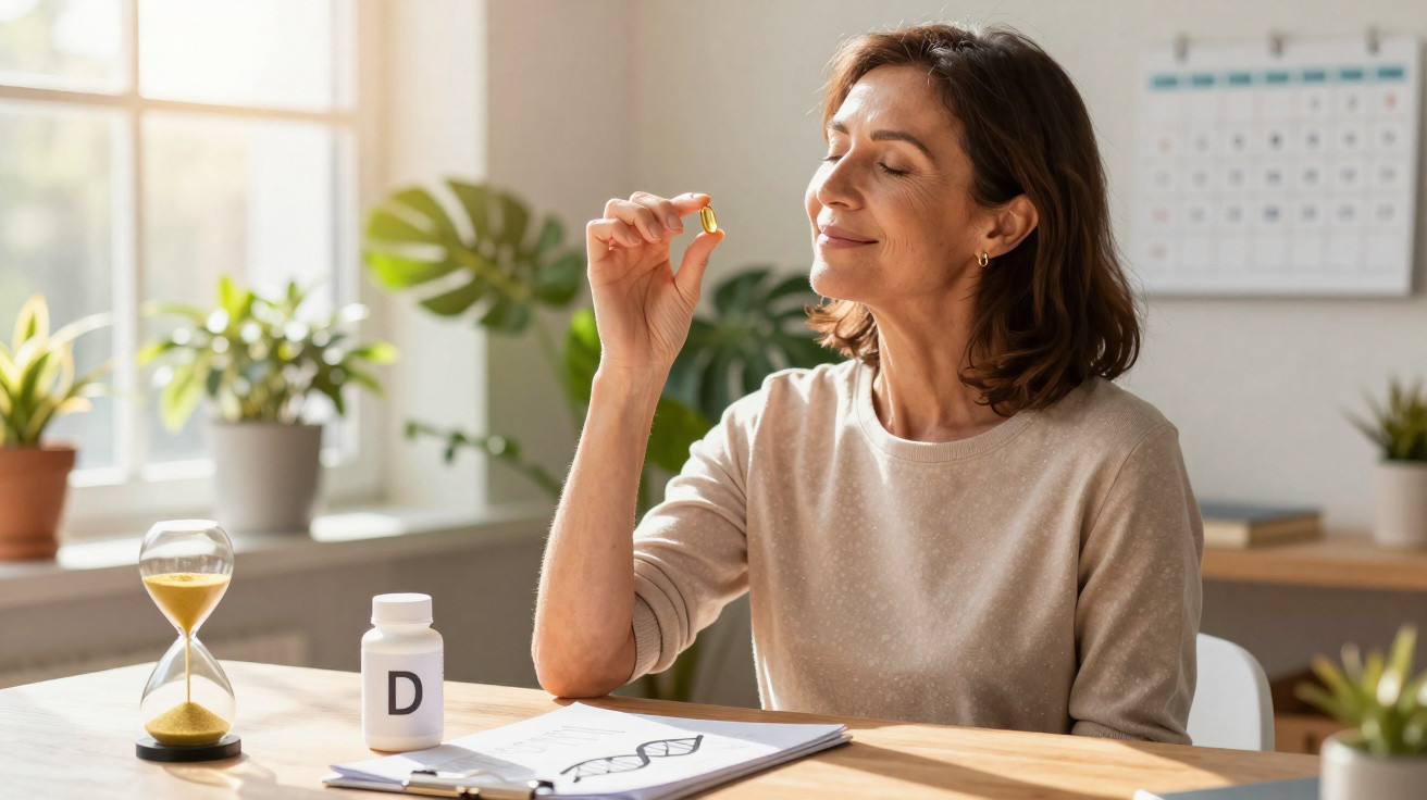 Mulher a segurar cápsula de suplemento de vitamina D, sentada à mesa com plantas e ampulheta.