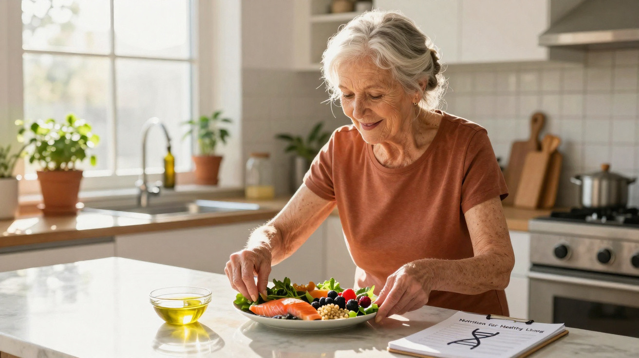 Senhora idosa prepara prato saudável com salmão e legumes numa cozinha luminosa.