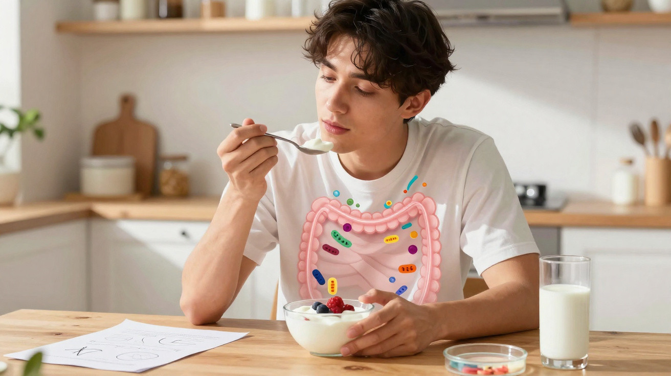 Homem a comer iogurte com frutas, com ilustração do sistema digestivo e bactérias no abdómen.