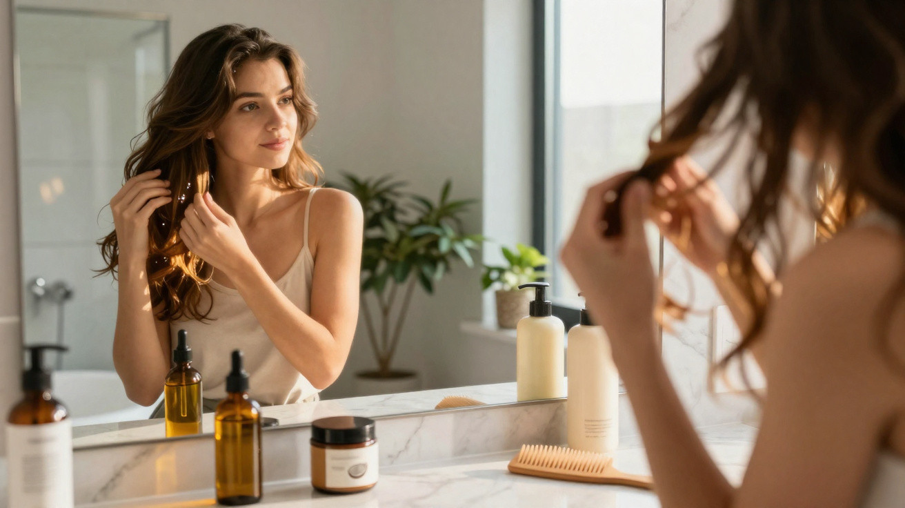 Mulher a pentear o cabelo em frente ao espelho na casa de banho com produtos de cuidado capilar.