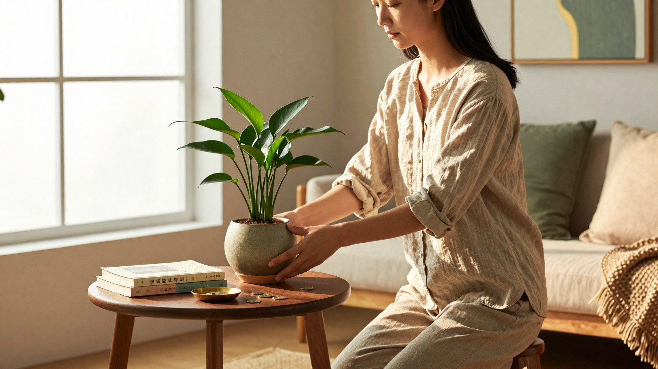 Mulher a colocar vaso com planta numa mesa de madeira numa sala iluminada e decorada com almofadas.