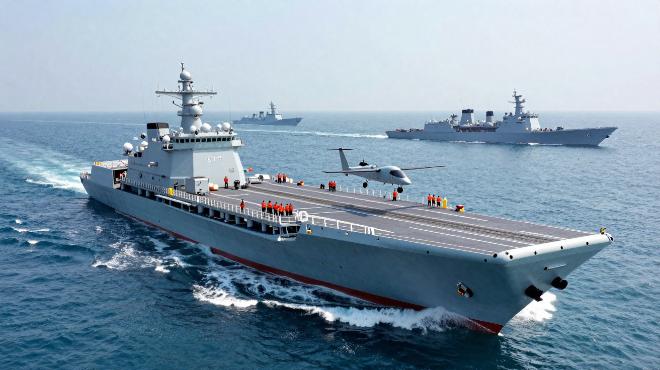 Porta-aviões militar cinzento com drone, tripulação de coletes laranja, e dois navios escolta no mar calmo.