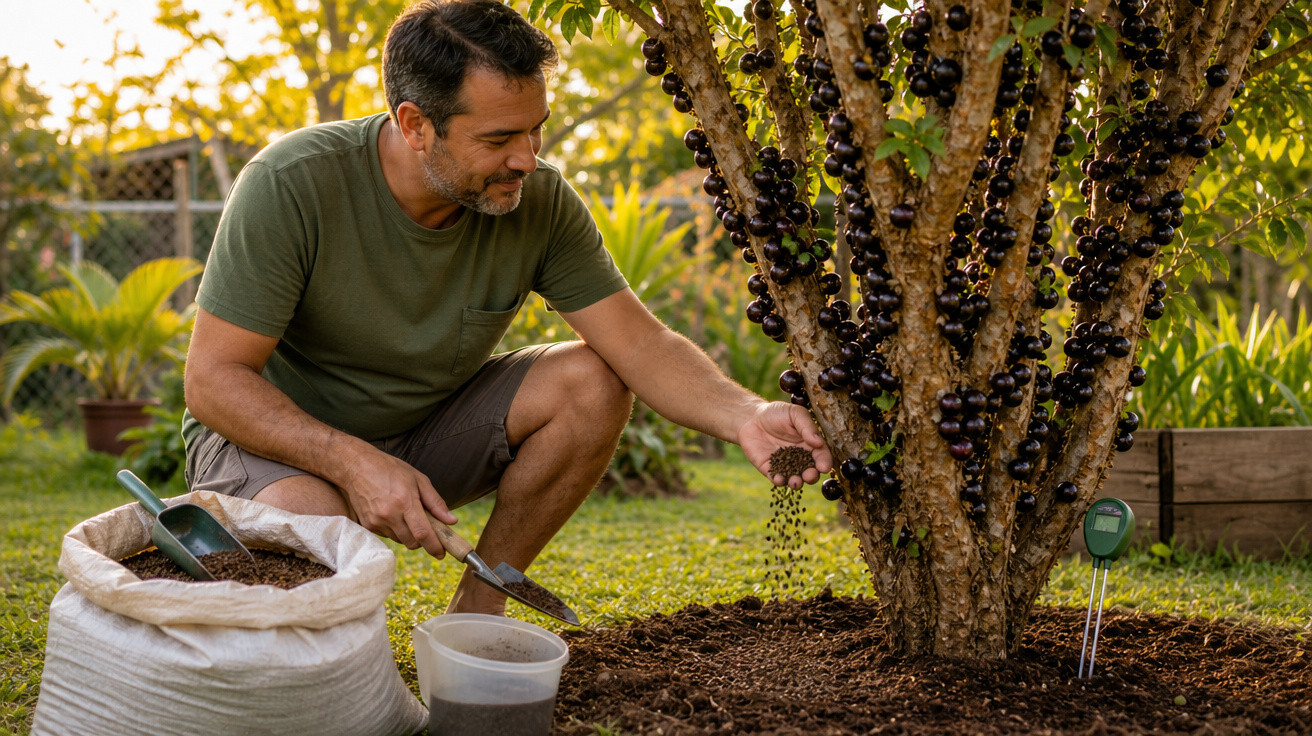 Homem a cuidar do solo junto a árvore com frutos pretos em jardim ao entardecer.