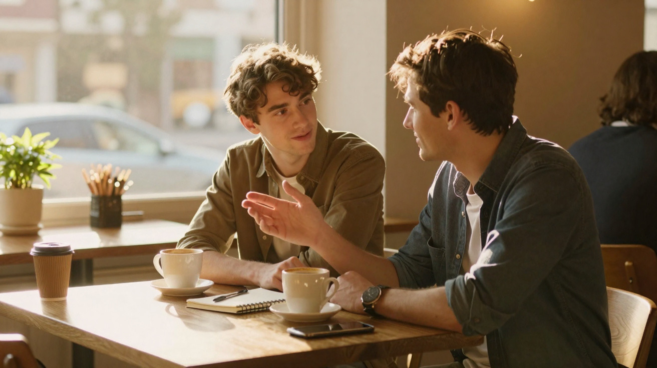 Dois homens jovens conversam e tomam café numa mesa junto à janela de uma cafetaria.