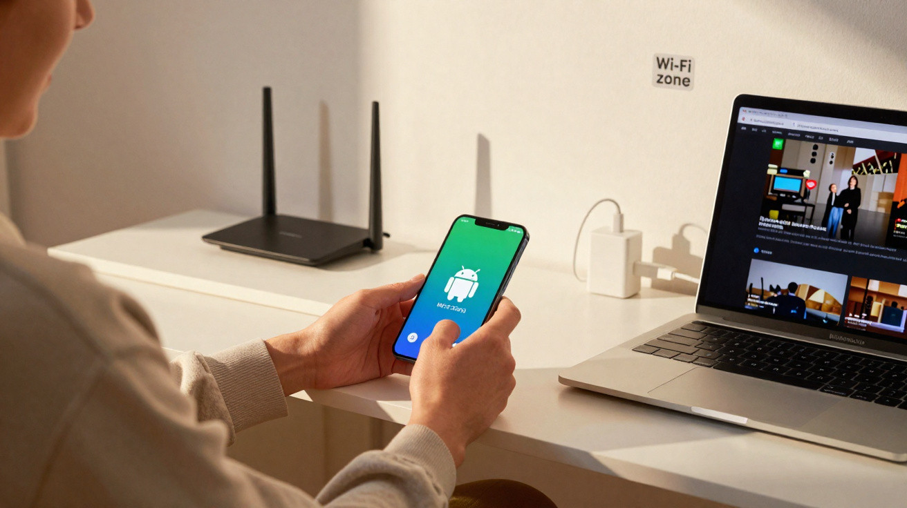 Pessoa a segurar smartphone com ecrã Verde Android junto a computador portátil e router numa zona Wi-Fi.