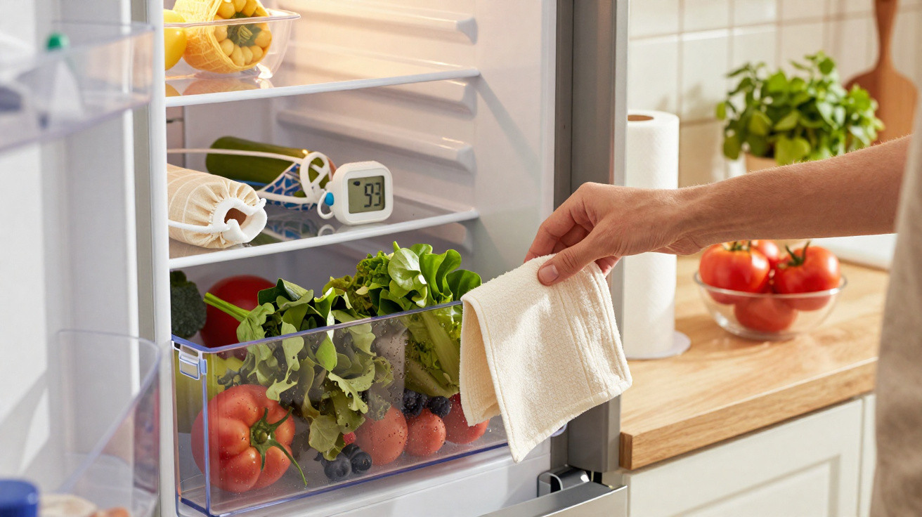 Mão a limpar o interior do frigorífico com pano, frutas e legumes organizados na gaveta inferior.