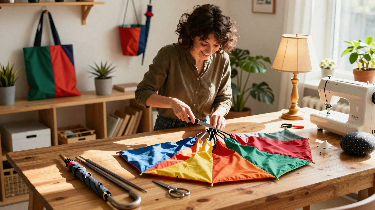 Mulher a reparar um guarda-chuva multicolorido numa mesa de madeira em ambiente acolhedor com máquina de costura.
