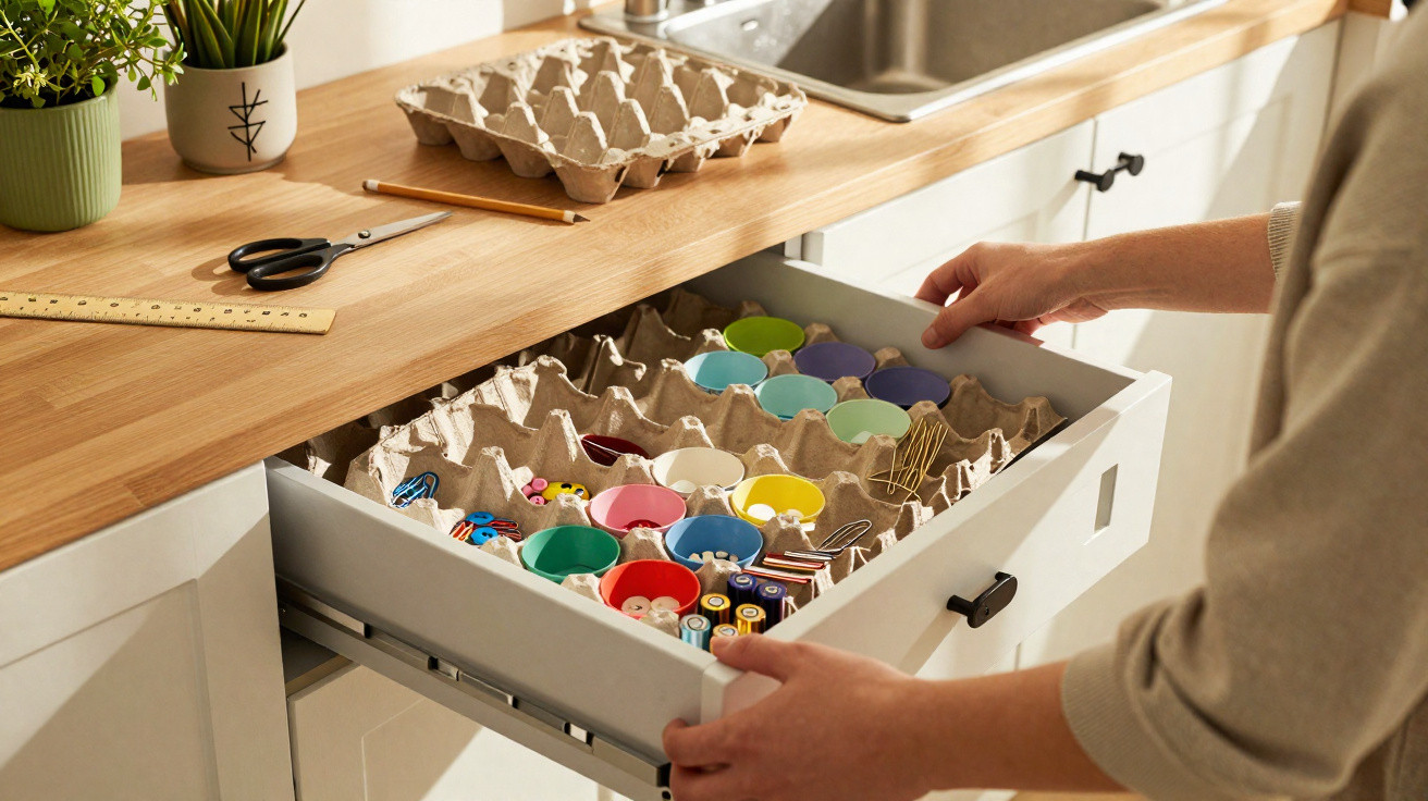 Pessoa abre gaveta organizada com recipientes coloridos, pilhas e clips, numa cozinha com bancada de madeira.