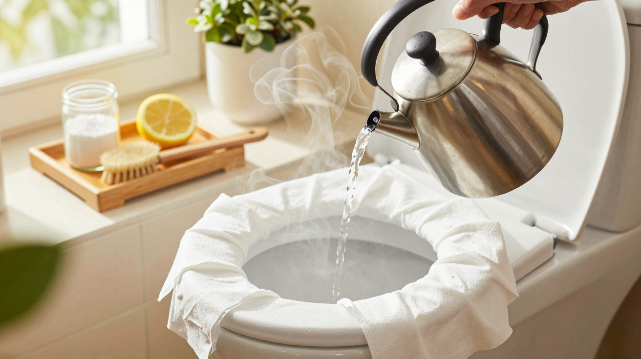 Água quente a ser despejada numa sanita forrada com papel de cozinha, com vapor visível.