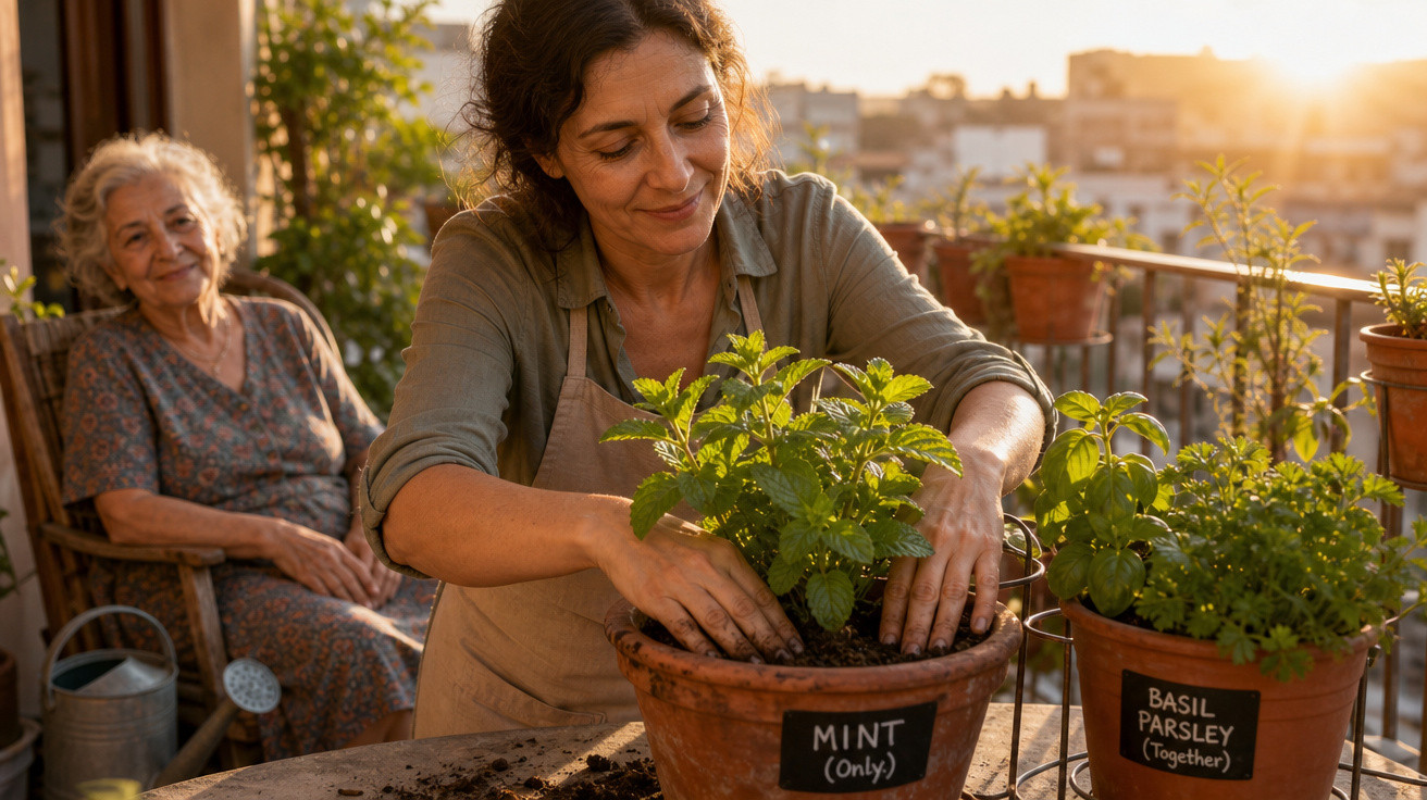 Mulher a cuidar de plantas de hortelã e manjericão num terraço, com idosa sentada a observar ao fundo.