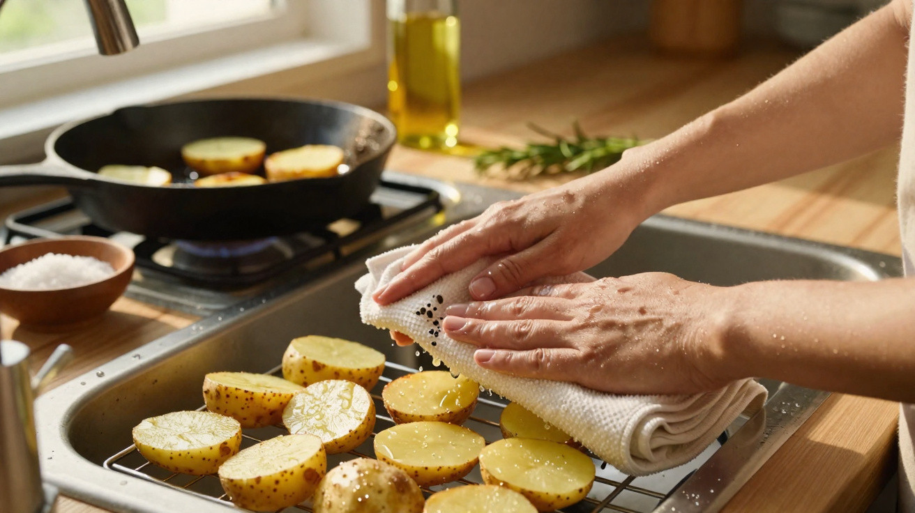 Mãos a secar batatas cortadas em metades numa rede metálica junto à pia da cozinha.