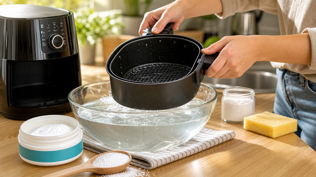 Pessoa a lavar a cesta de uma fritadeira de ar quente numa taça com água numa cozinha.