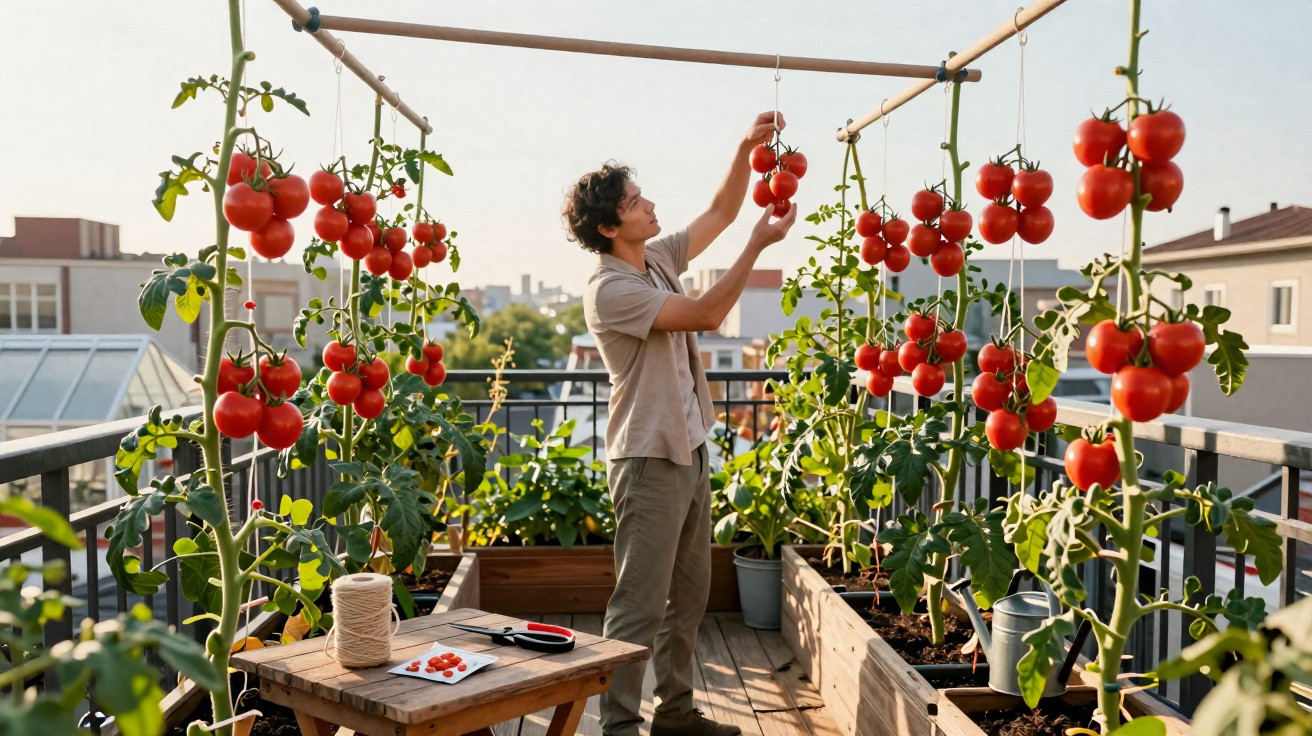 Homem a colher tomates maduros numa horta urbana numa varanda com várias plantas de tomate.