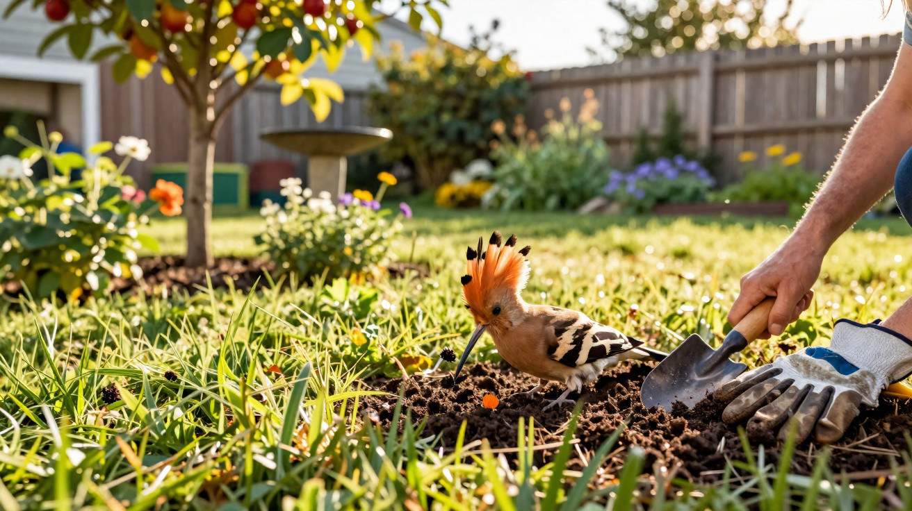Pássaro com crista laranja no chão, perto de mãos com luvas e enxada a cavar terra num jardim ensolarado.