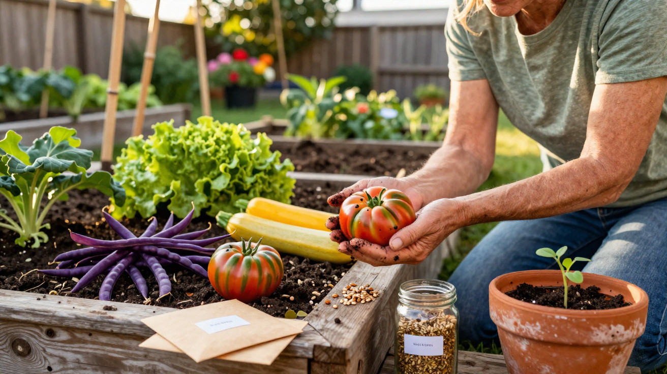 Pessoa a colher tomates num jardim com legumes, sementes e uma planta em vaso terracota.