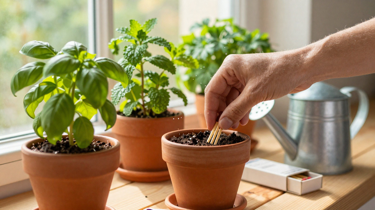 Mão a plantar sementes em vaso com terra, junto a vasos de plantas aromáticas e regador numa janela.