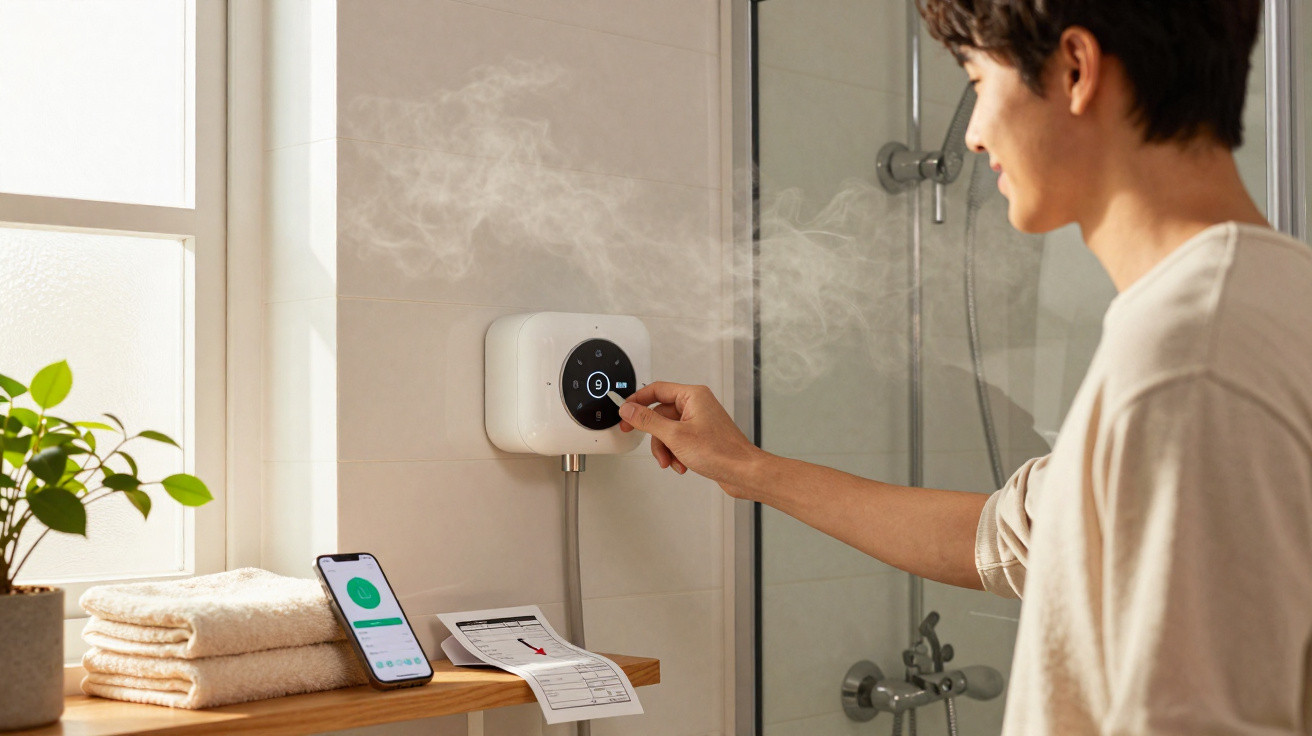 Homem ajusta termóstato digital numa casa de banho moderna com vapor e telefone numa prateleira.