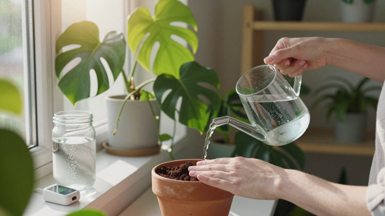 Pessoa a regar terra em vaso de barro junto a janela com plantas de folhas verdes ao fundo.