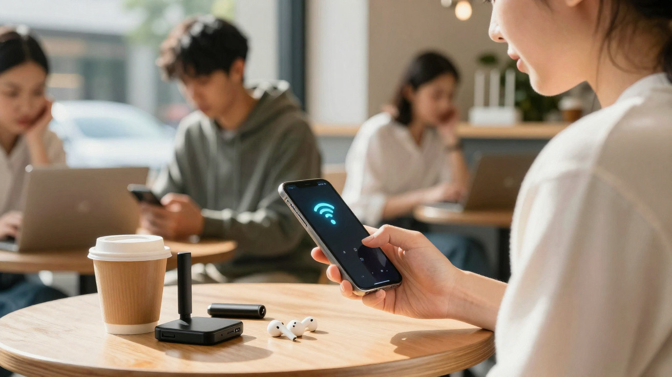 Pessoa a usar smartphone com ligação Wi-Fi num café, com auscultadores, dispositivo Bluetooth e outros clientes ao fundo.