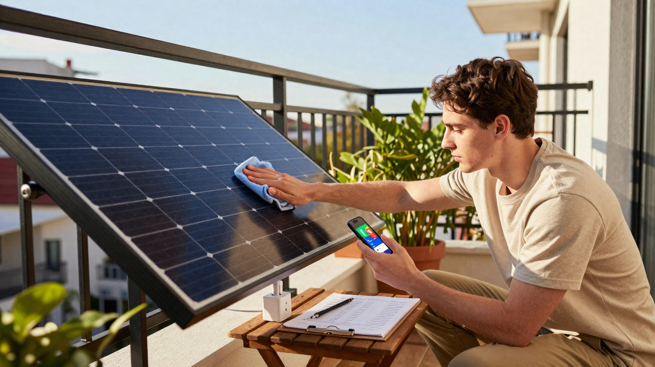Jovem limpa painel solar no terraço enquanto consulta dados num smartphone numa manhã ensolarada.