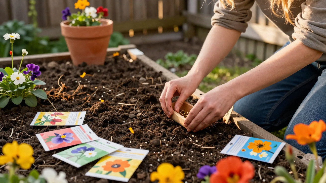 Pessoa a plantar sementes numa haste de madeira numa horta com pacotes de sementes e flores coloridas à volta.