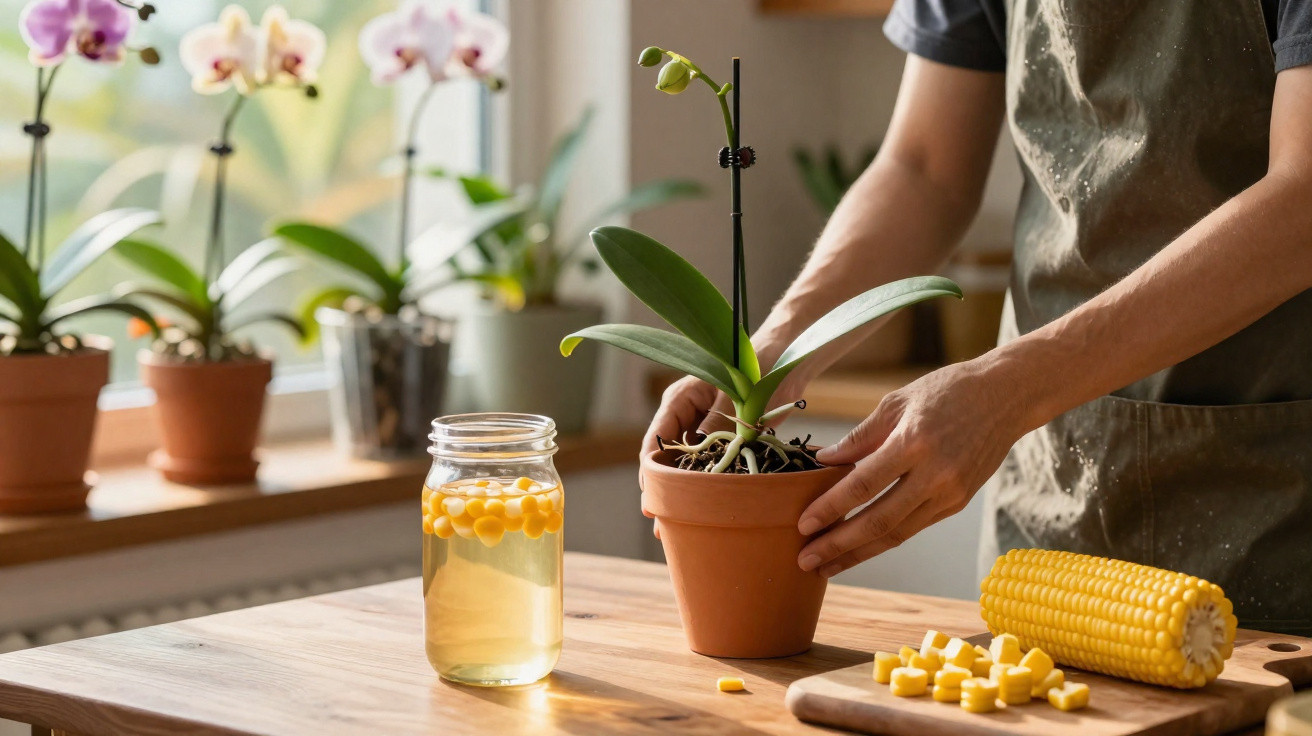 Pessoa a cuidar de orquídea em vaso no interior, com milho cortado e jarra na mesa de madeira.