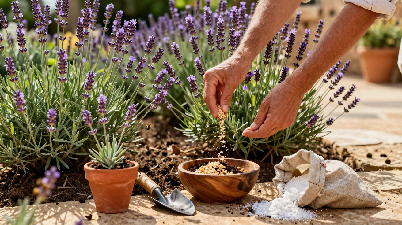 Mãos a espalhar sementes num jardim de lavanda com ferramentas de jardinagem e saco de fertilizante.